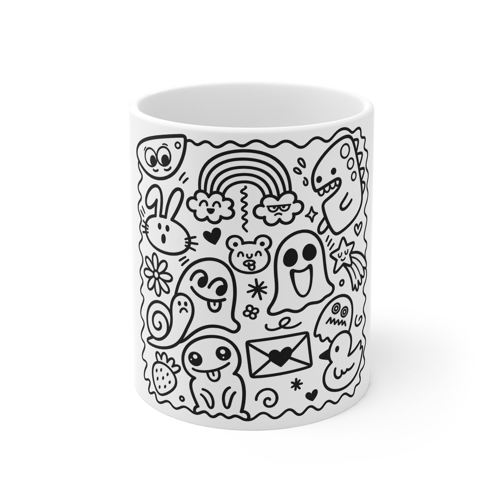 Doodle Characters Mug — Cute Black & White Kawaii Cartoon Design 11oz