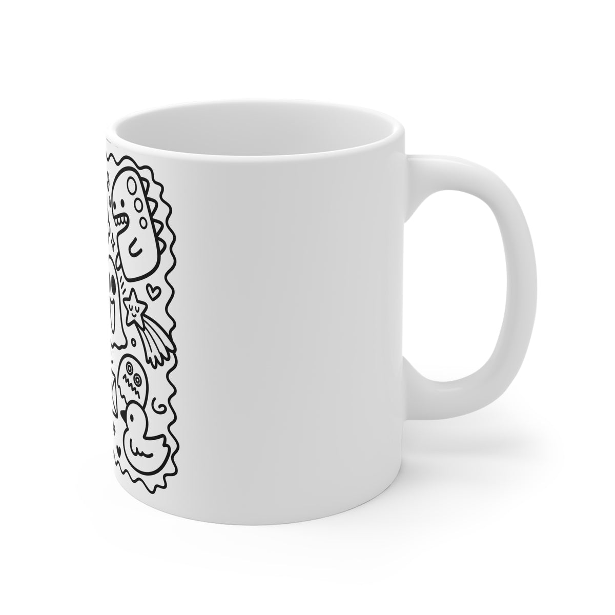 Doodle Characters Mug — Cute Black & White Kawaii Cartoon Design 11oz