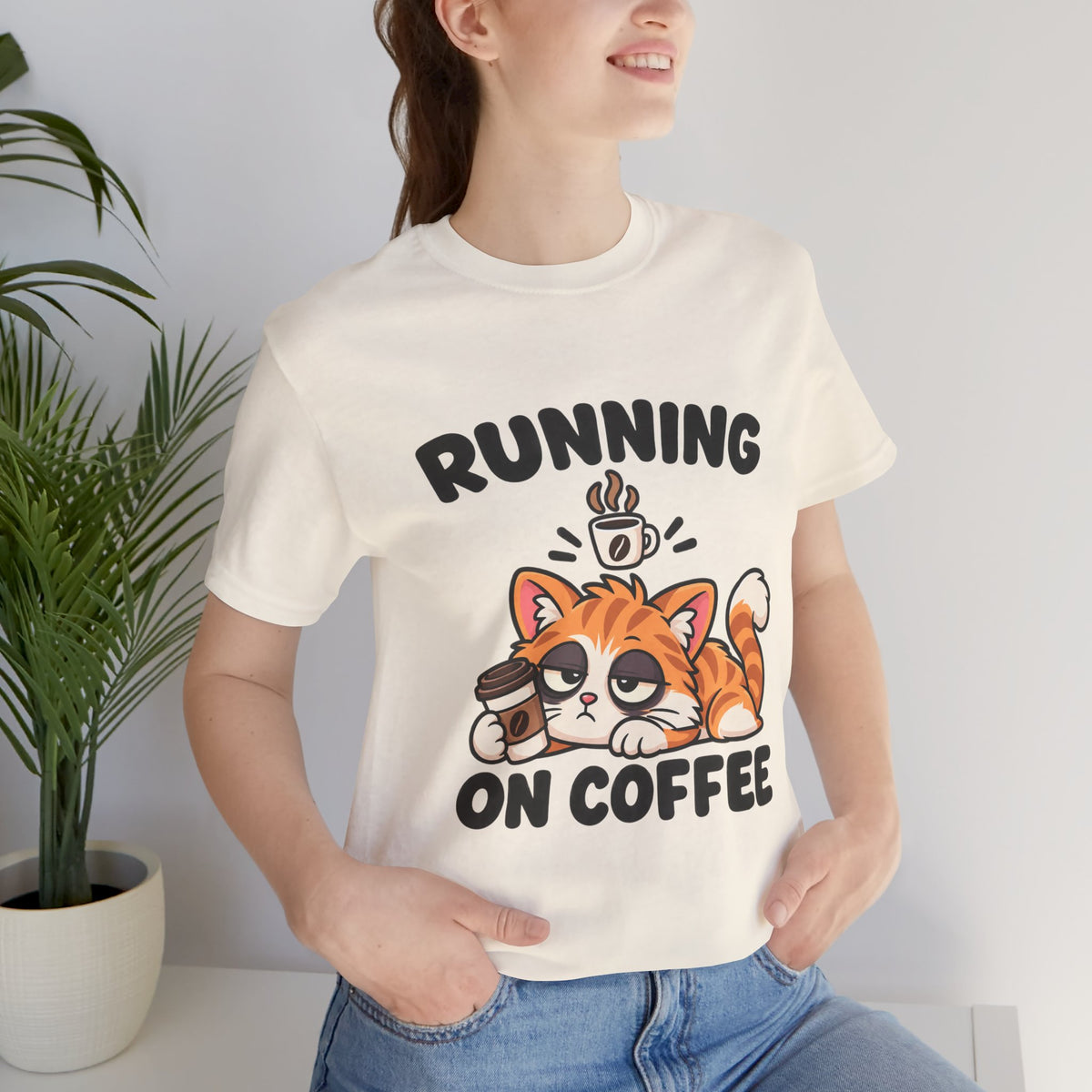 Running on Coffee Cat T-Shirt — Cute Lazy Cat Coffee Tee