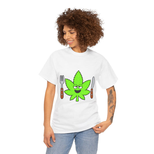 Cannabis Dinner Tee — Funny Stoned Leaf with Fork & Knife Shirt