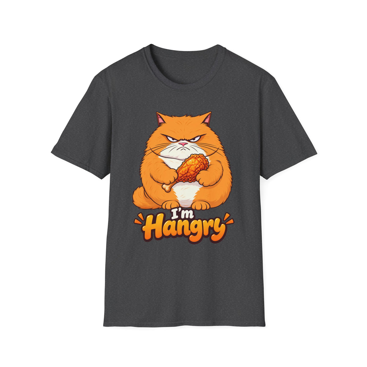 Hangry Cat T-Shirt — Funny Orange Cat Holding Fried Chicken "I'm Hangry" Tee