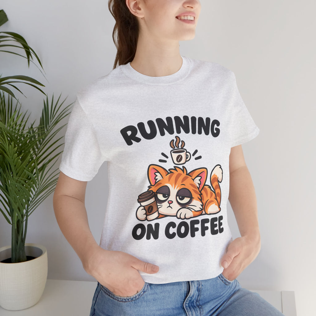 Running on Coffee Cat T-Shirt — Cute Lazy Cat Coffee Tee