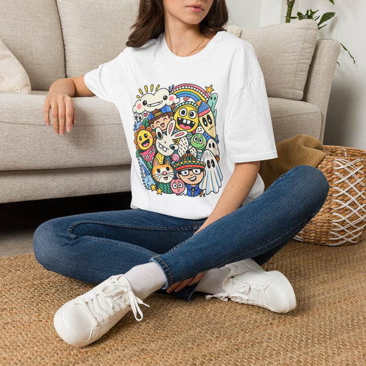 Doodle Friends Graphic Tee — Colorful Cute Cartoon Characters