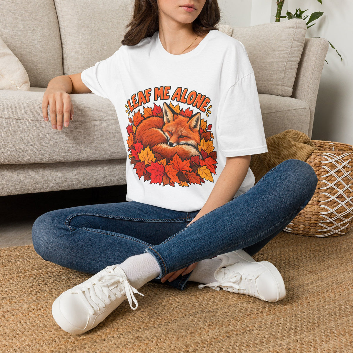 T-Shirt — "Leaf Me Alone" Sleeping Fox Autumn Tee