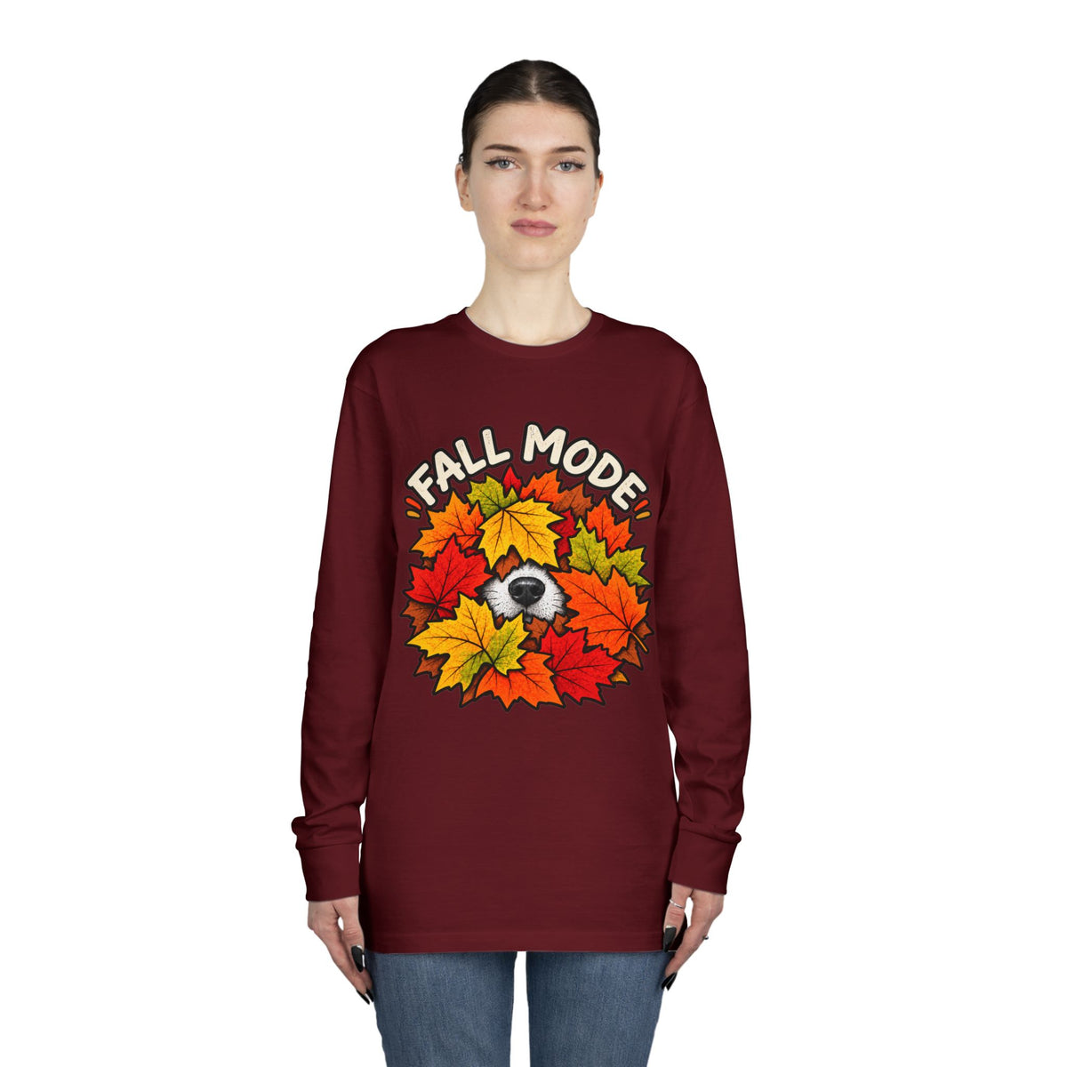 Fall Mode Long Sleeve Tee — Cute Sloth Hidden in Autumn Leaves