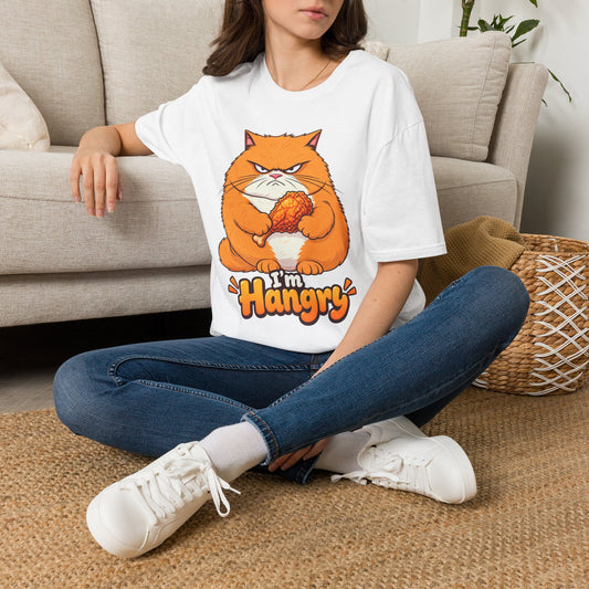 Hangry Cat T-Shirt — Funny Orange Cat Holding Fried Chicken "I'm Hangry" Tee