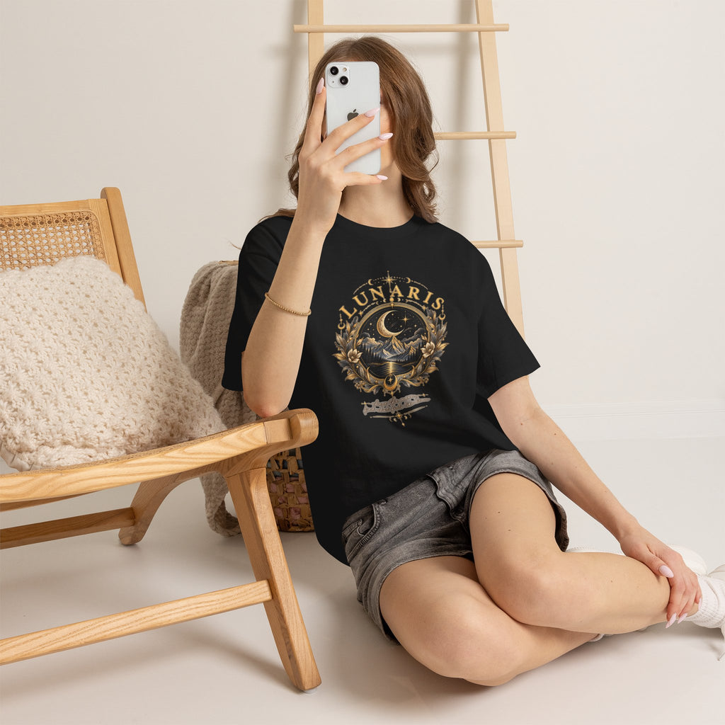 Lunaris Crescent Moon Mountain T‑Shirt — Vintage Celestial Graphic Tee
