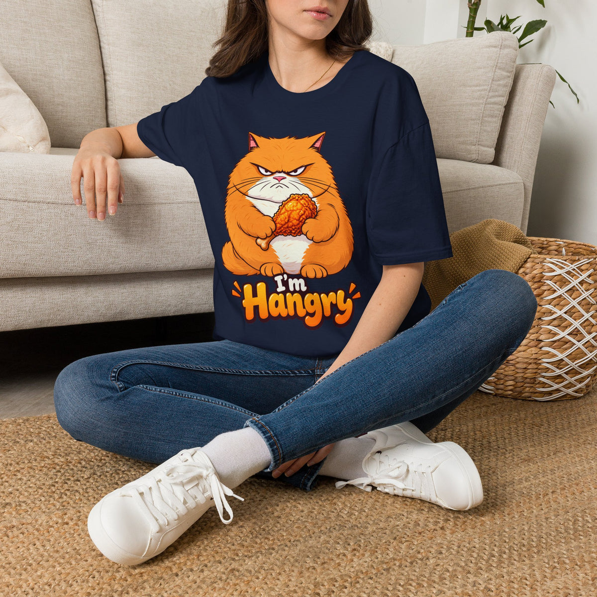 Hangry Cat T-Shirt — Funny Orange Cat Holding Fried Chicken "I'm Hangry" Tee