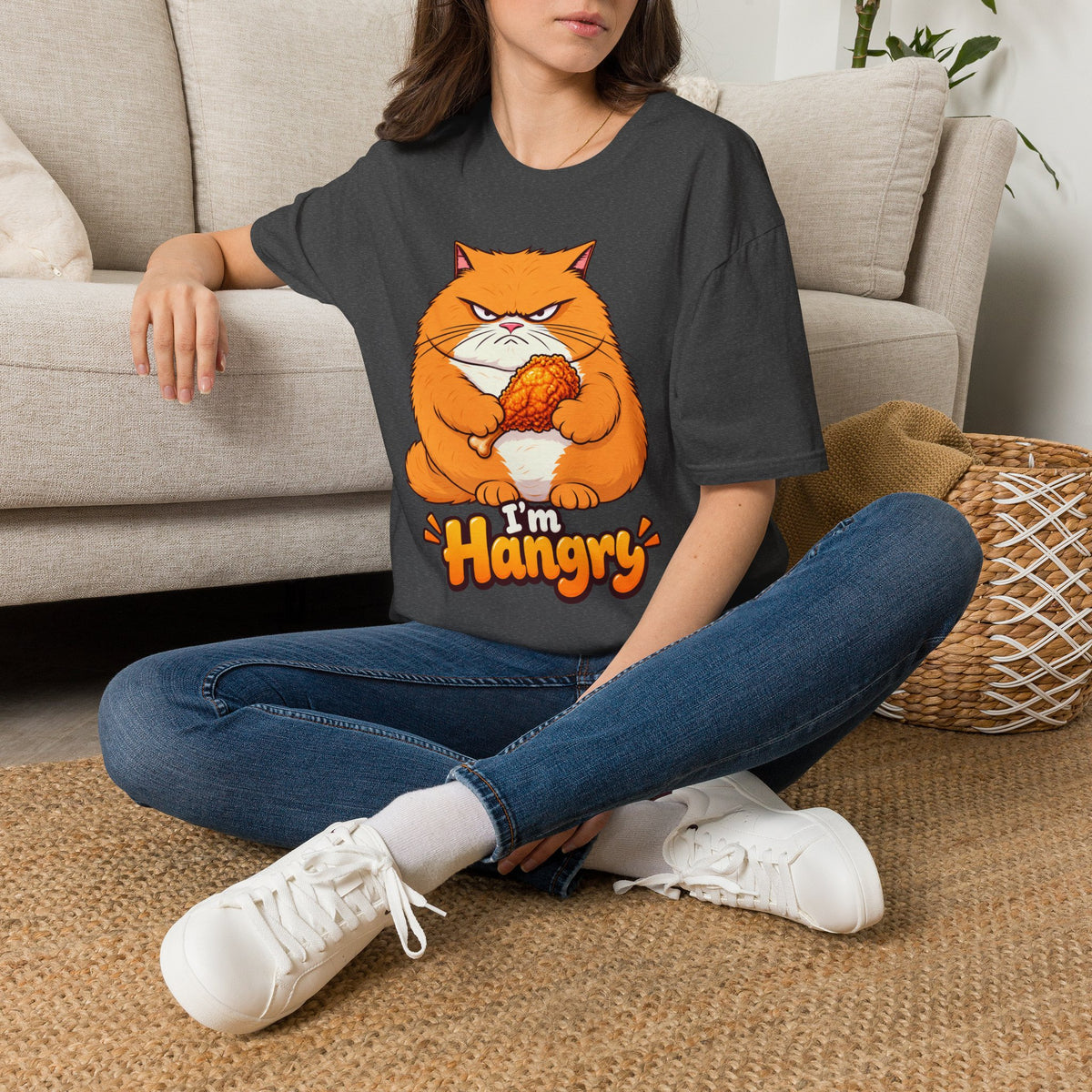 Hangry Cat T-Shirt — Funny Orange Cat Holding Fried Chicken "I'm Hangry" Tee