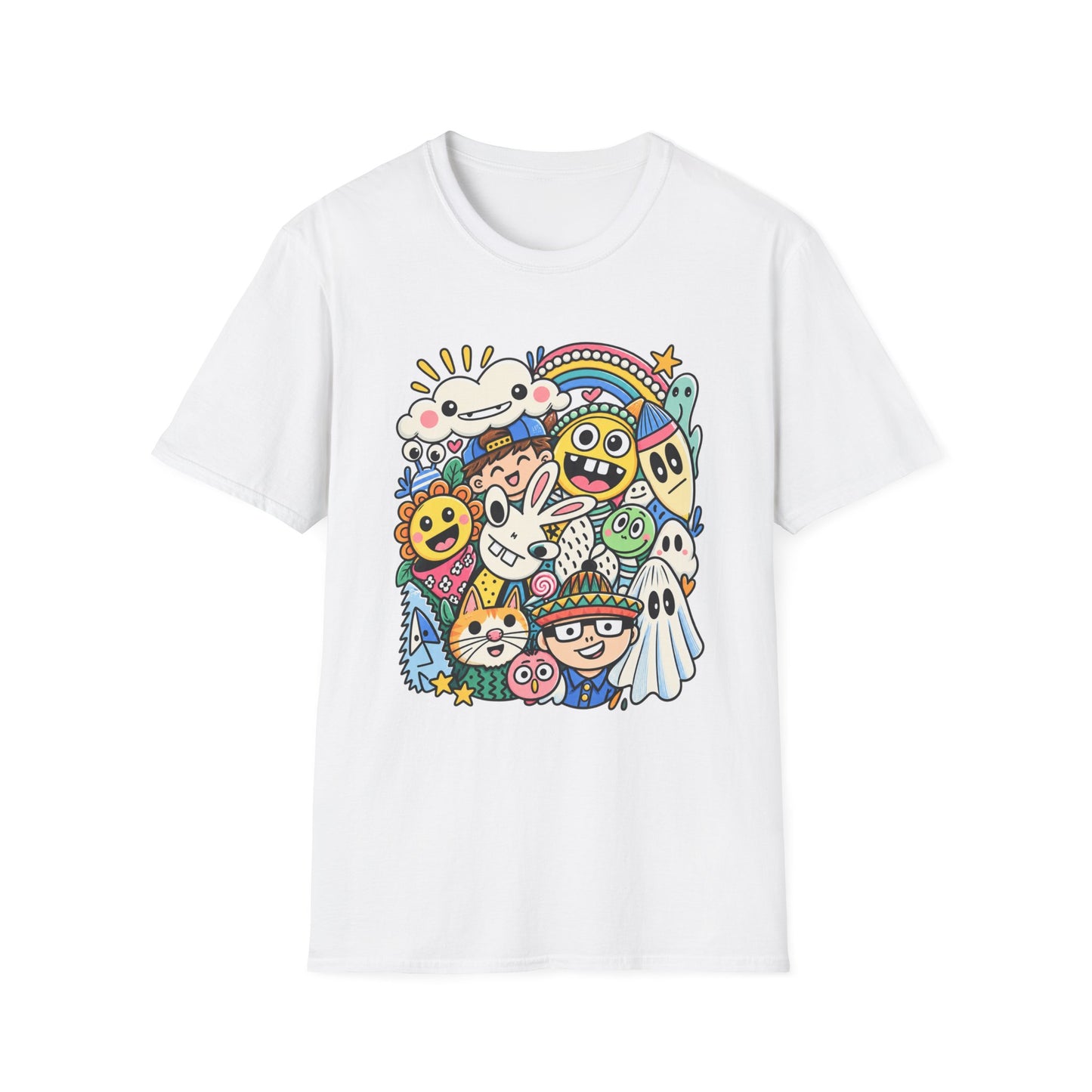 Doodle Friends Graphic Tee — Colorful Cute Cartoon Characters