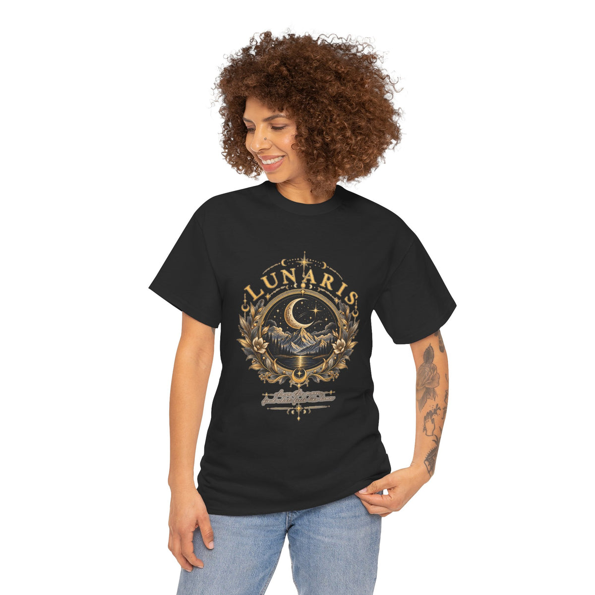 Lunaris Crescent Moon Mountain T‑Shirt — Vintage Celestial Graphic Tee