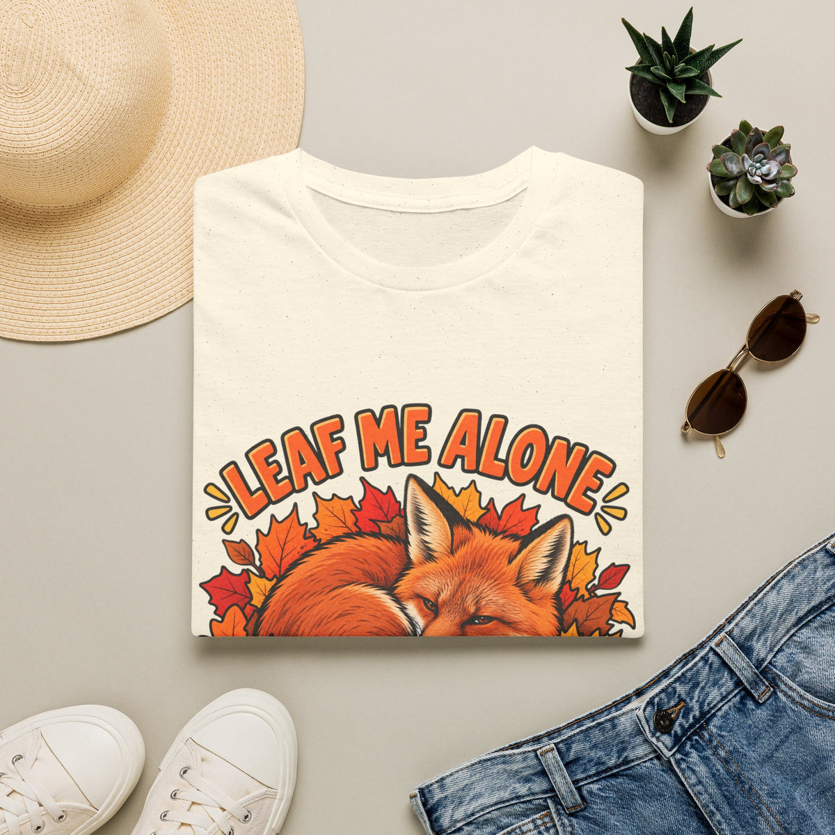T-Shirt — "Leaf Me Alone" Sleeping Fox Autumn Tee