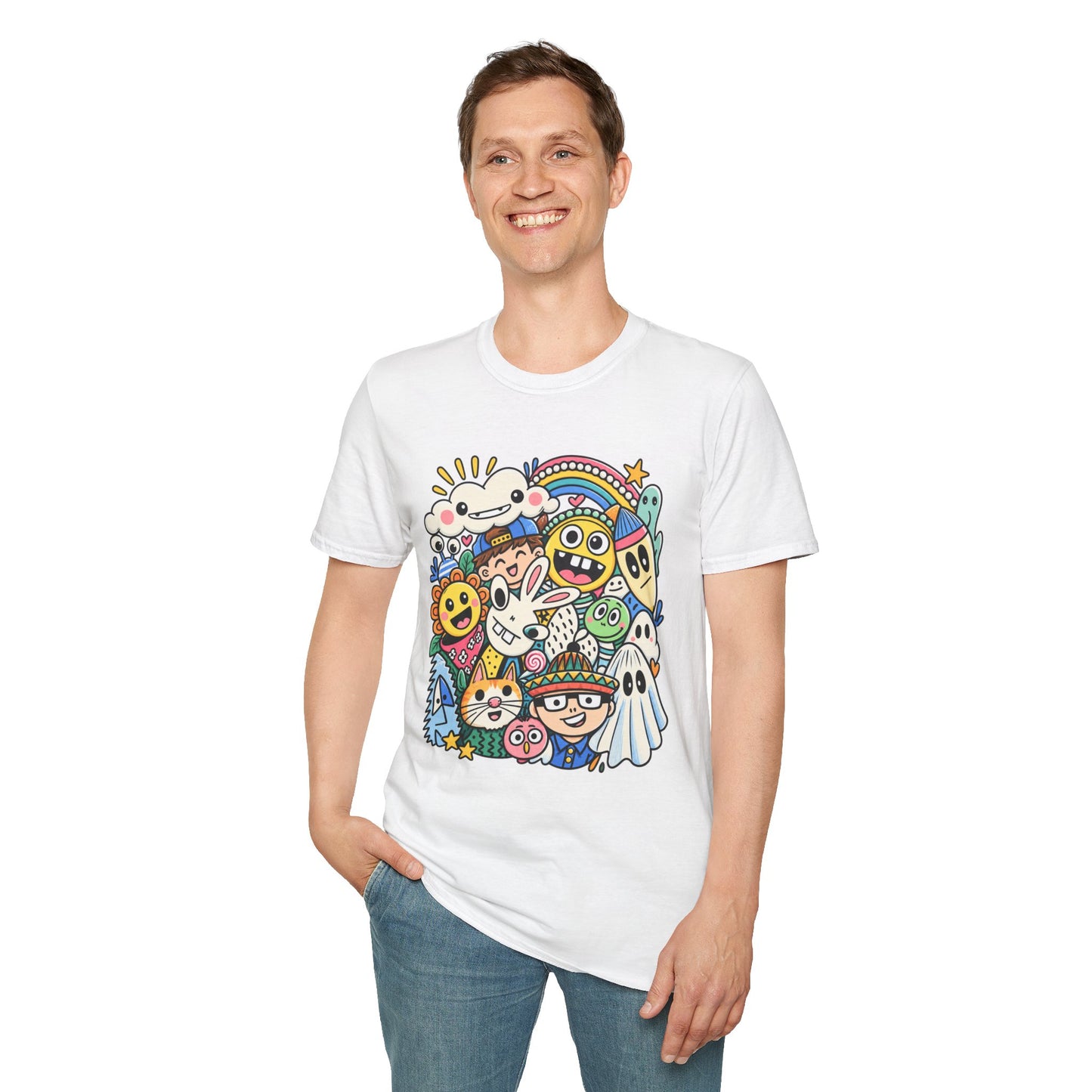 Doodle Friends Graphic Tee — Colorful Cute Cartoon Characters
