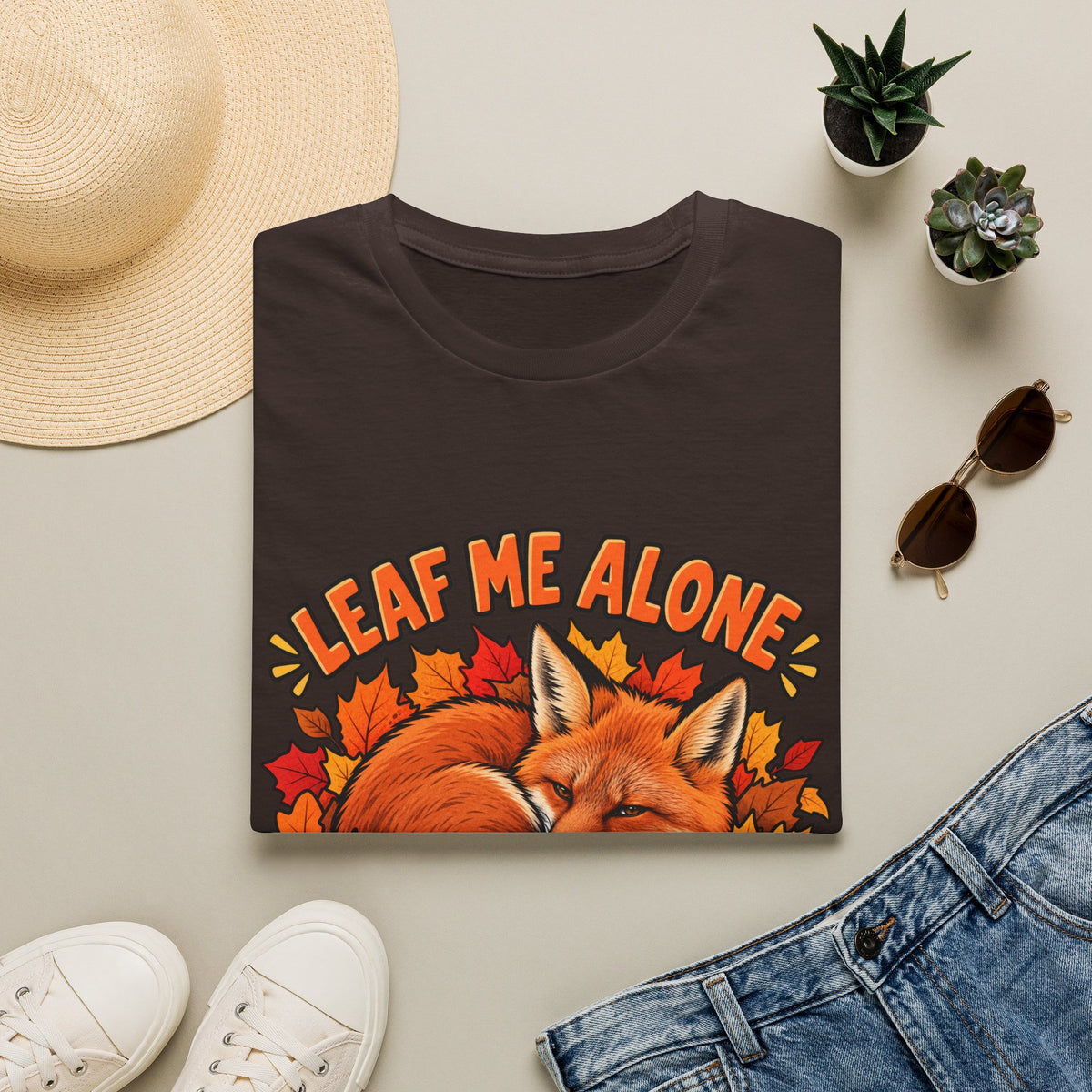 T-Shirt — "Leaf Me Alone" Sleeping Fox Autumn Tee
