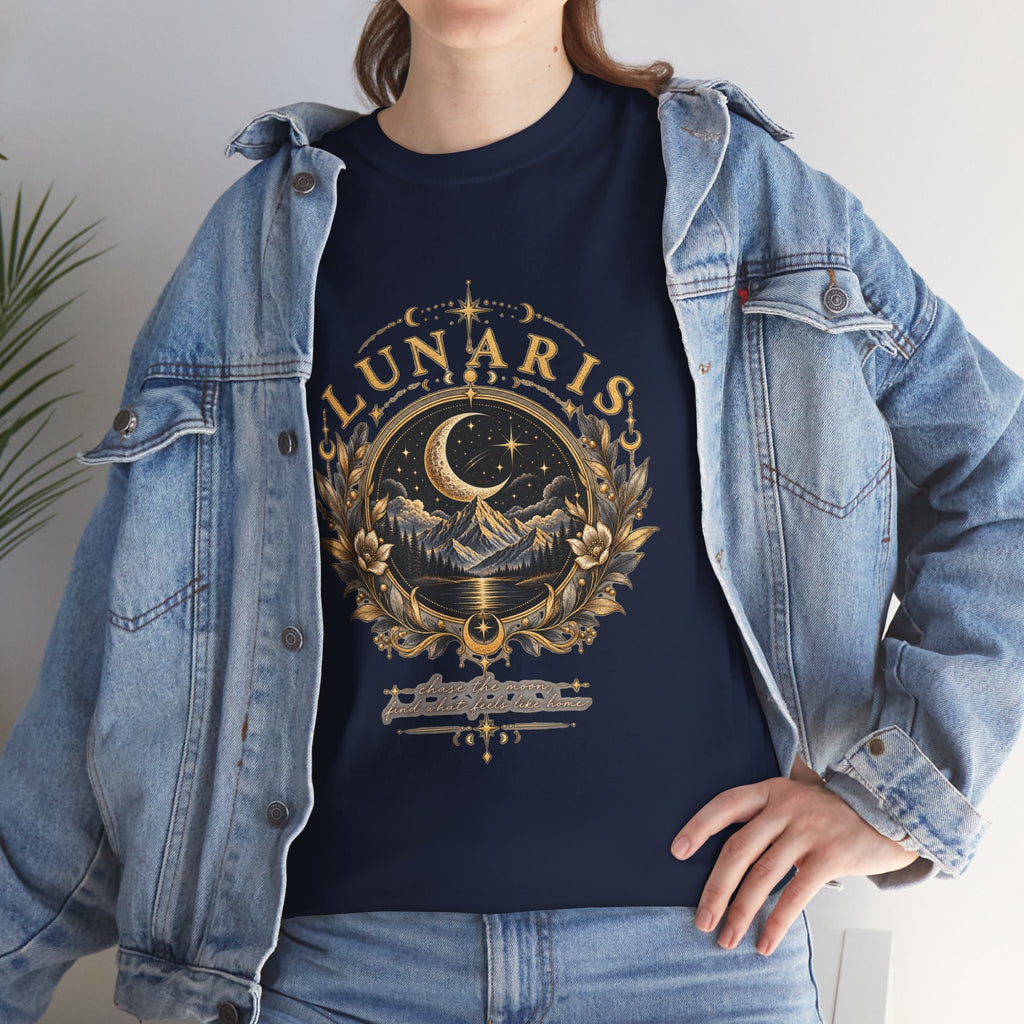 Lunaris Crescent Moon Mountain T‑Shirt — Vintage Celestial Graphic Tee