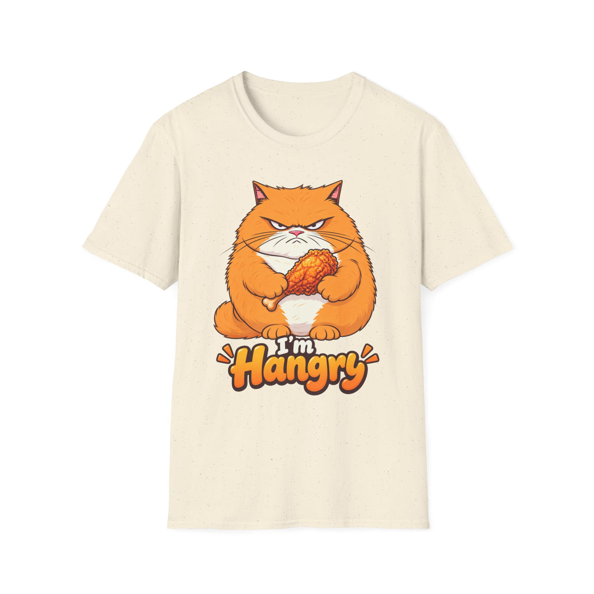 Hangry Cat T-Shirt — Funny Orange Cat Holding Fried Chicken "I'm Hangry" Tee