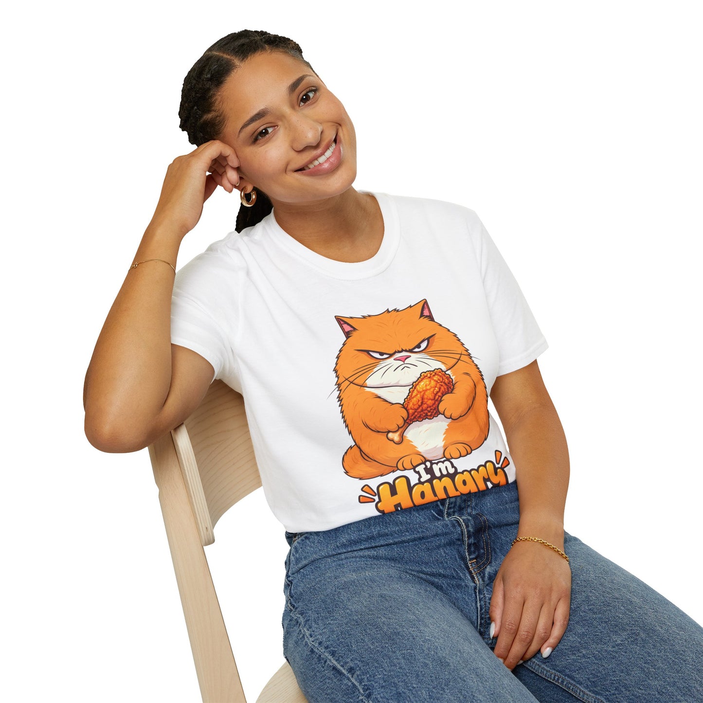 Hangry Cat T-Shirt — Funny Orange Cat Holding Fried Chicken "I'm Hangry" Tee