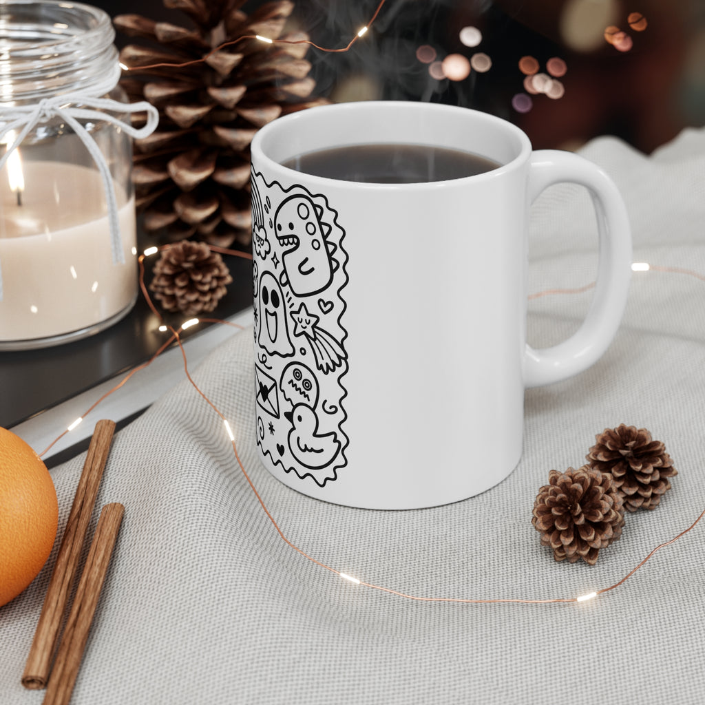 Doodle Characters Mug — Cute Black & White Kawaii Cartoon Design 11oz