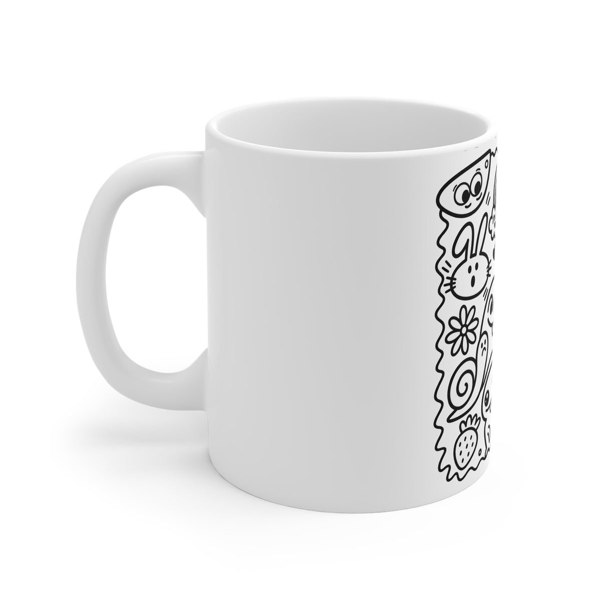 Doodle Characters Mug — Cute Black & White Kawaii Cartoon Design 11oz