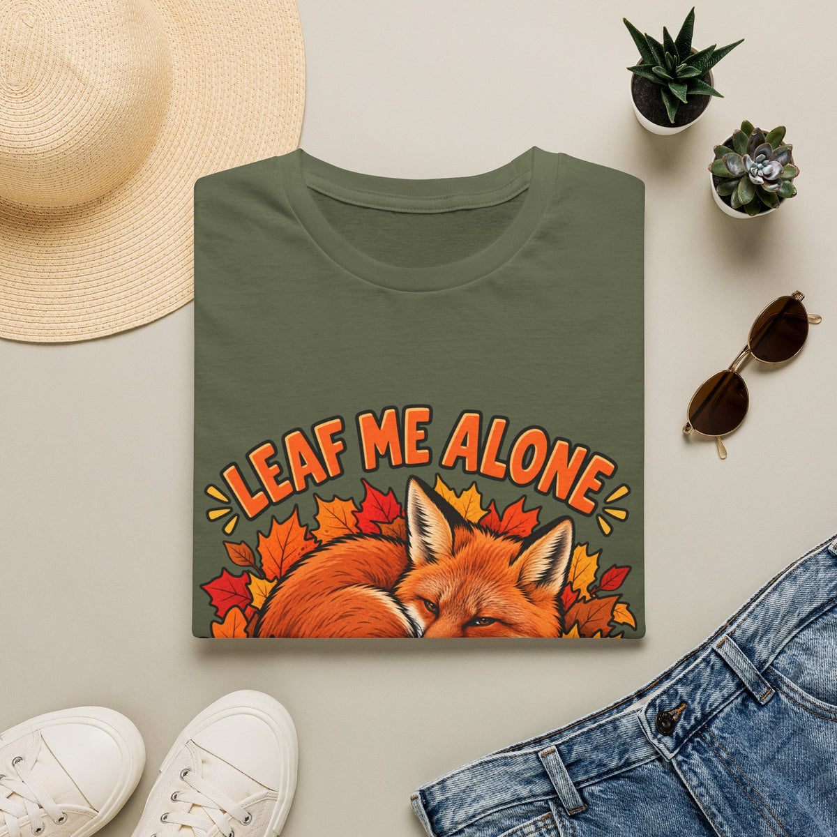 T-Shirt — "Leaf Me Alone" Sleeping Fox Autumn Tee