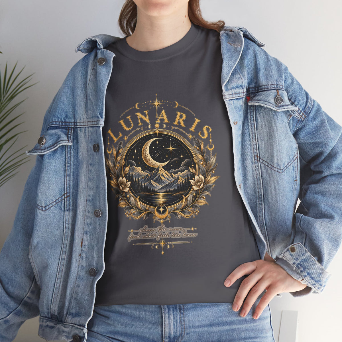 Lunaris Crescent Moon Mountain T‑Shirt — Vintage Celestial Graphic Tee