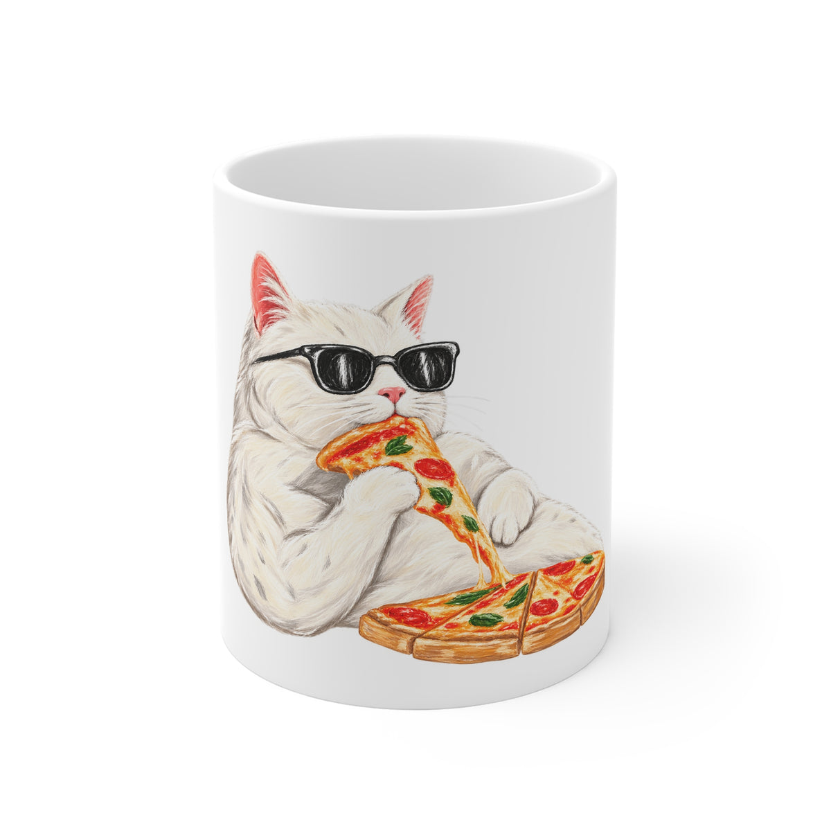 Cat Eating Pizza Mug — Funny Cool Cat with Sunglasses Coffee Cup
