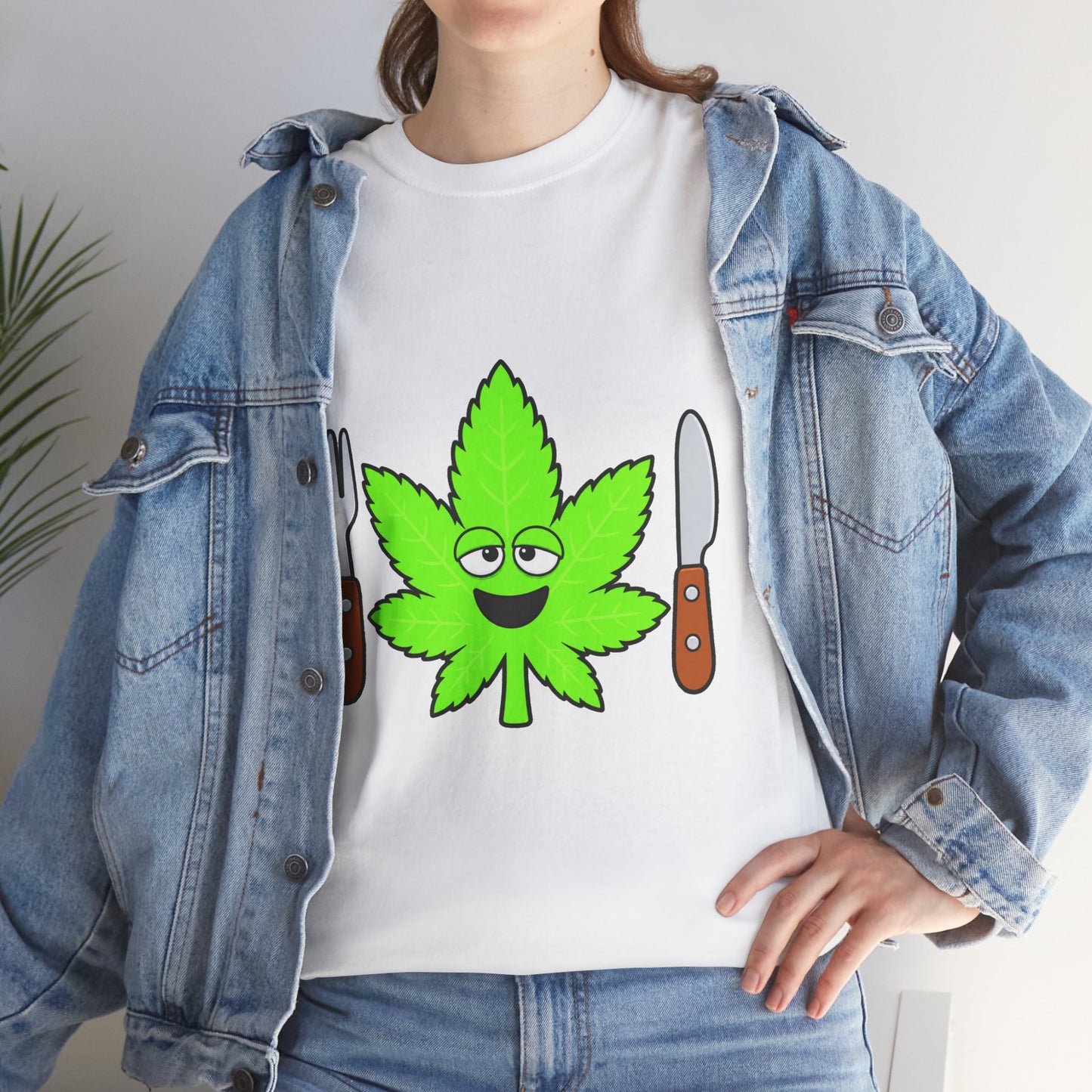 Cannabis Dinner Tee — Funny Stoned Leaf with Fork & Knife Shirt