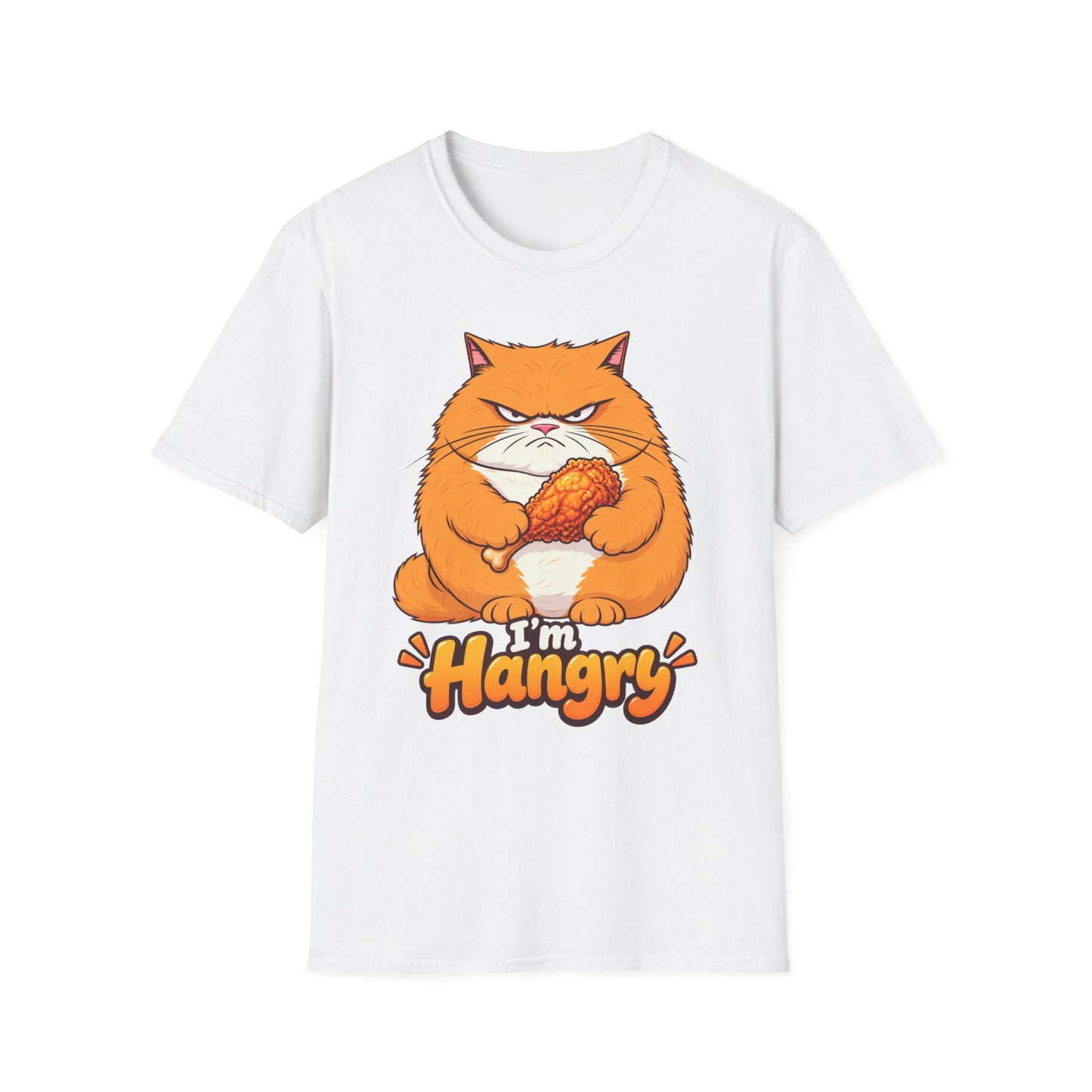 Hangry Cat T-Shirt — Funny Orange Cat Holding Fried Chicken "I'm Hangry" Tee