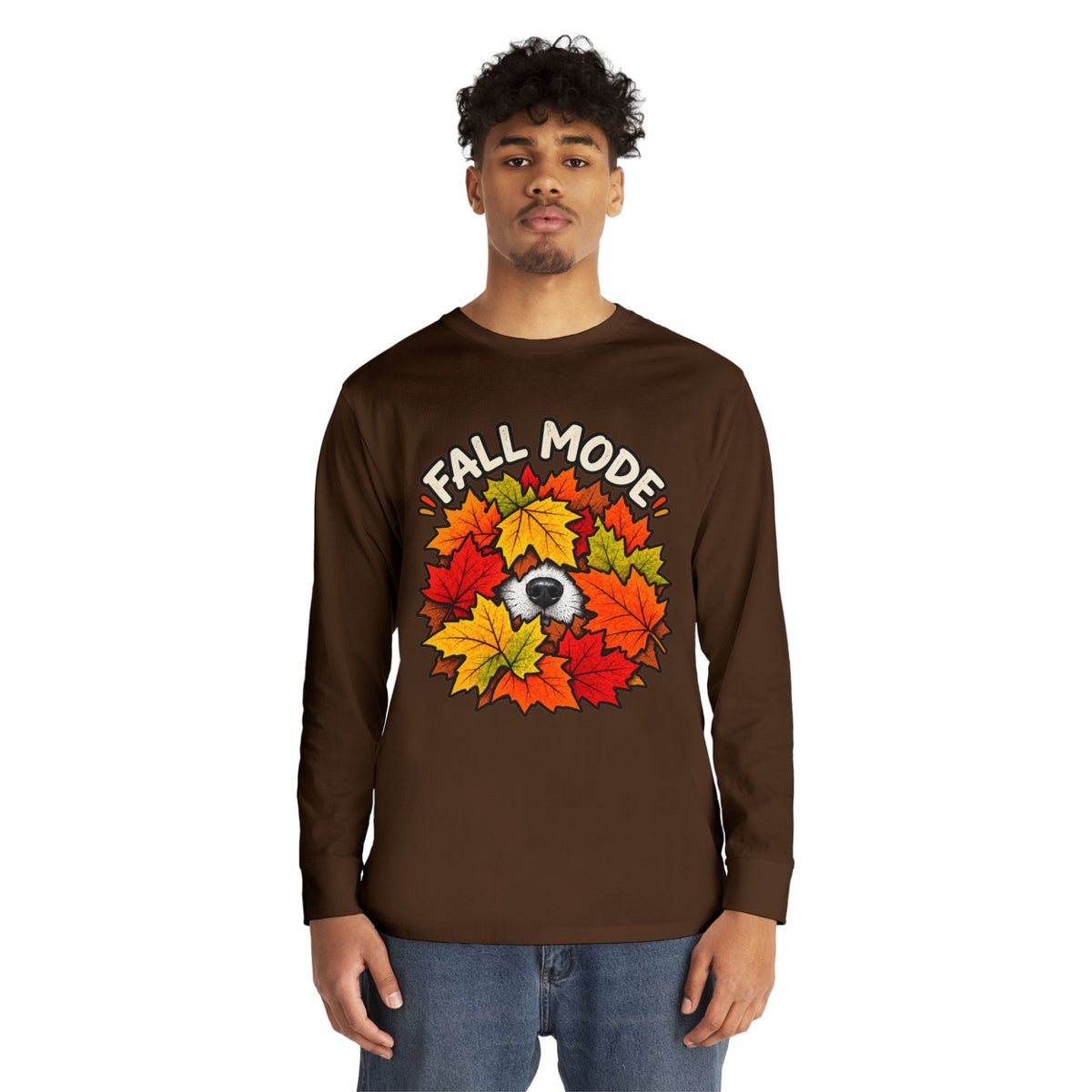 Fall Mode Long Sleeve Tee — Cute Sloth Hidden in Autumn Leaves