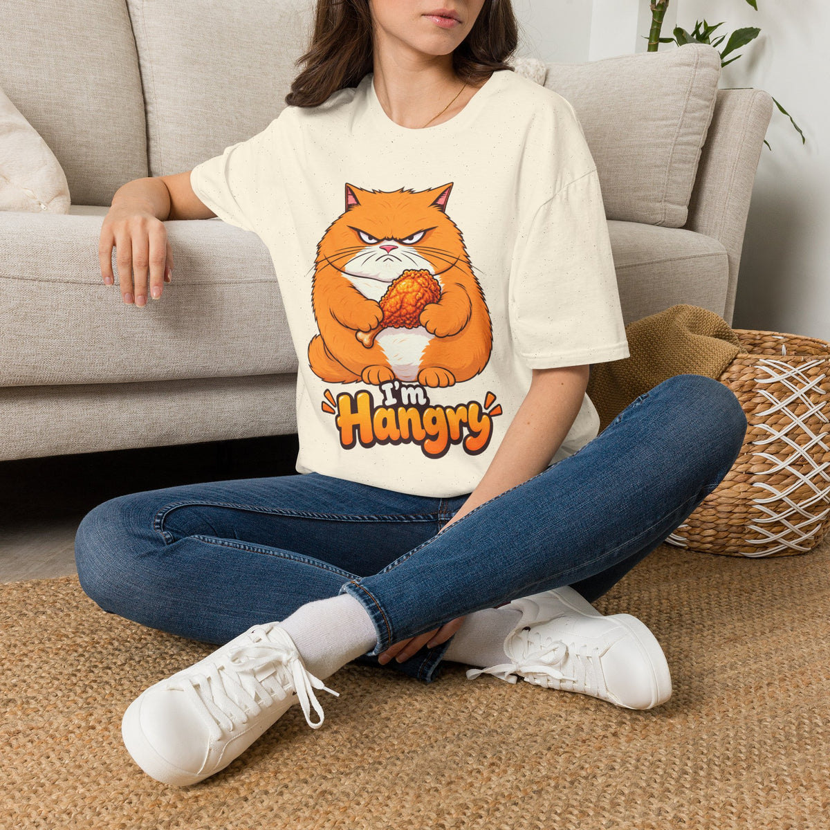 Hangry Cat T-Shirt — Funny Orange Cat Holding Fried Chicken "I'm Hangry" Tee