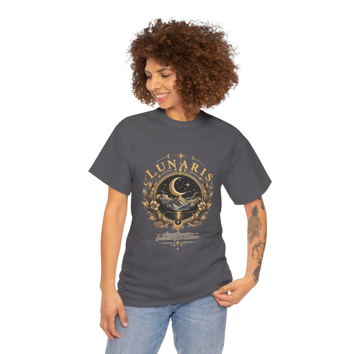 Lunaris Crescent Moon Mountain T‑Shirt — Vintage Celestial Graphic Tee