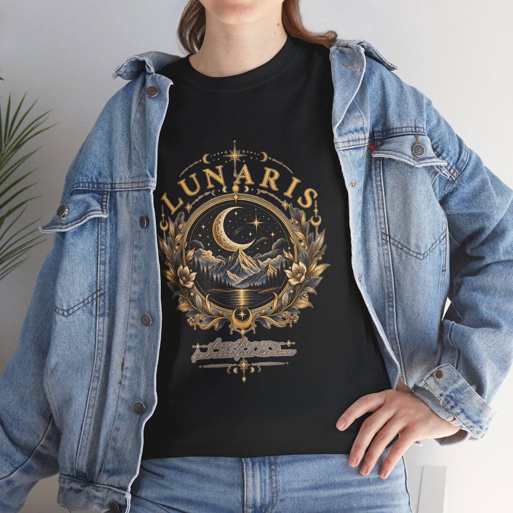 Lunaris Crescent Moon Mountain T‑Shirt — Vintage Celestial Graphic Tee